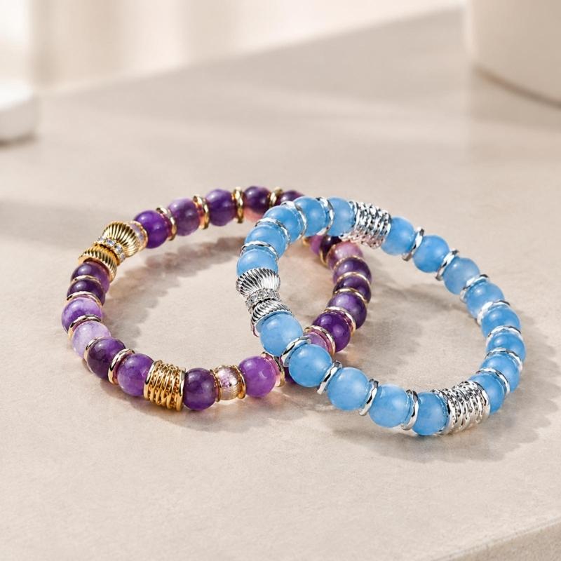 Natural Stone Stretch Bracelet Set, 2 Round Bead Bracelets with Mixed-Tone Spacers for Stacked or Separate Wear