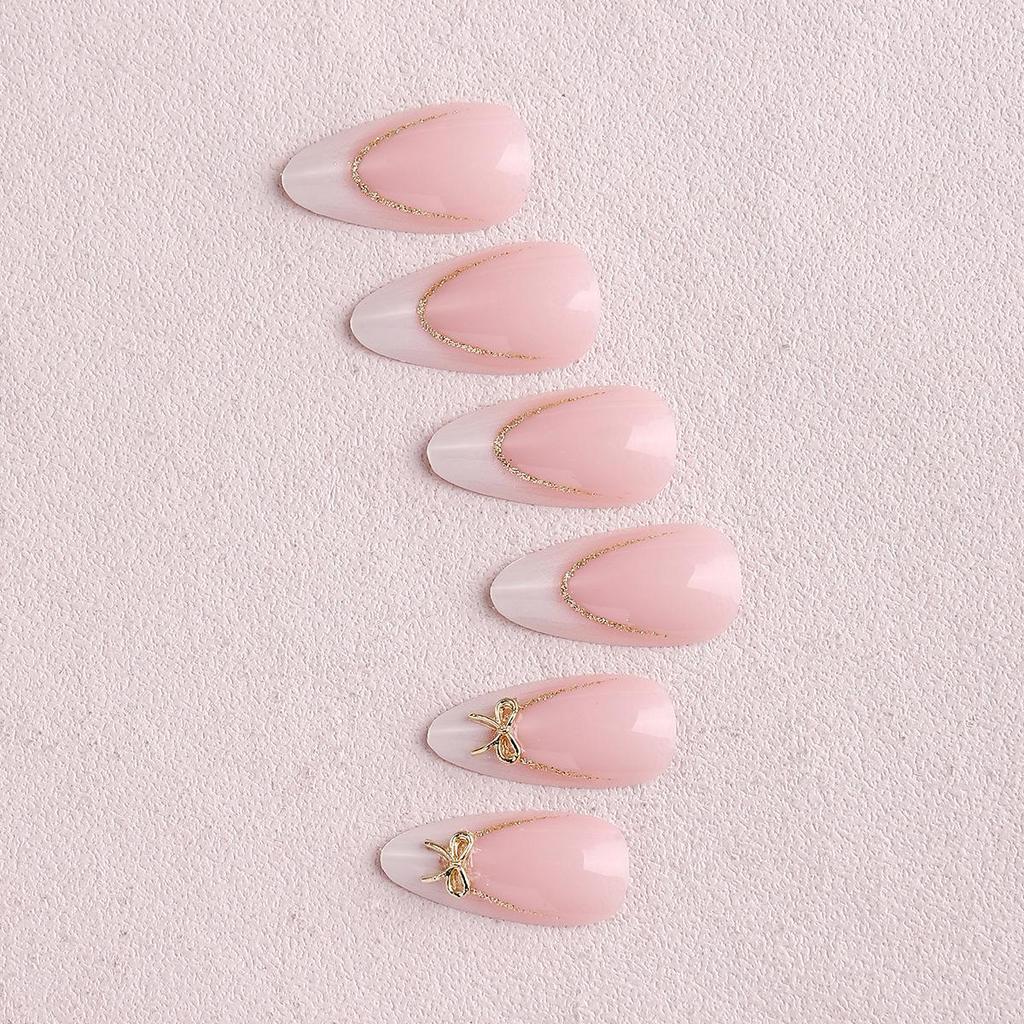 European & American Nude Pink Bowknot Almond French Nails with Gold Edge