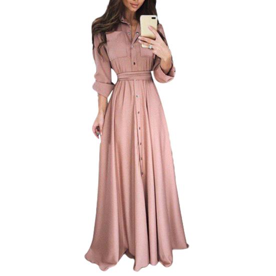 Women Single-Breasted Button Long Sleeve Turn-down Collar Dance Party Maxi Dress