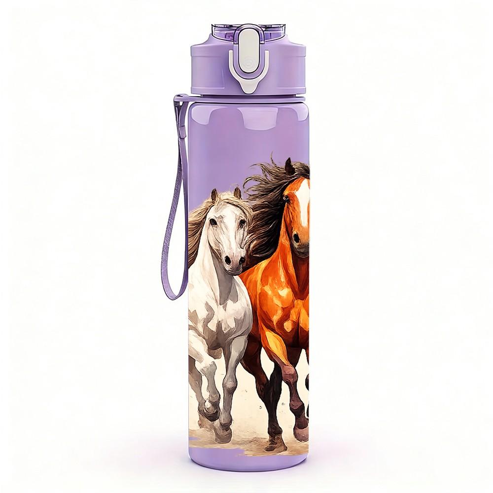 1PC Running Horse Herd Western Animal Print 750ml Color Plastic Sports Water Bottle Leakproof Flip Straw Lid Suitable for Sports Office Home Use