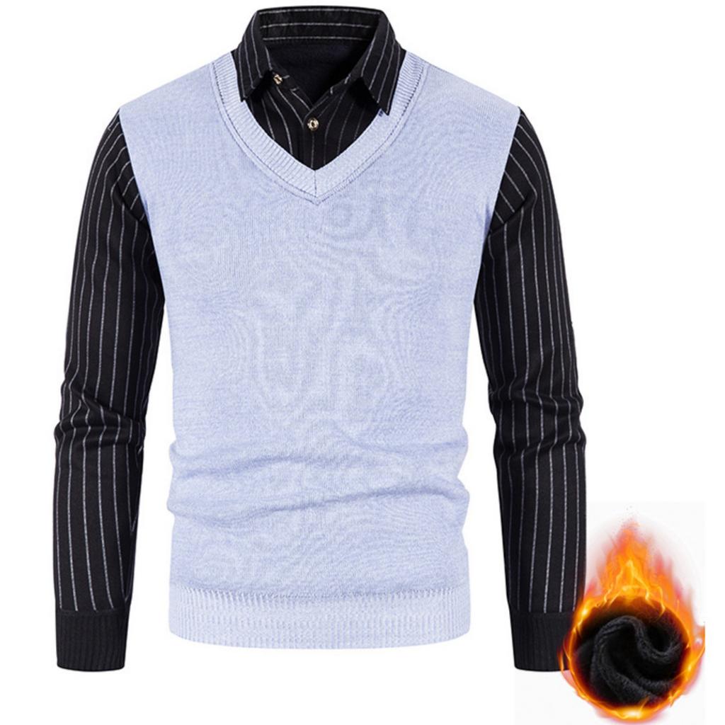 Men's Solid-color Casual V-neck And Square Neck Pullover Knitted Sweater, Men's Fake Two-piece Striped Neck Long-sleeved Sweater
