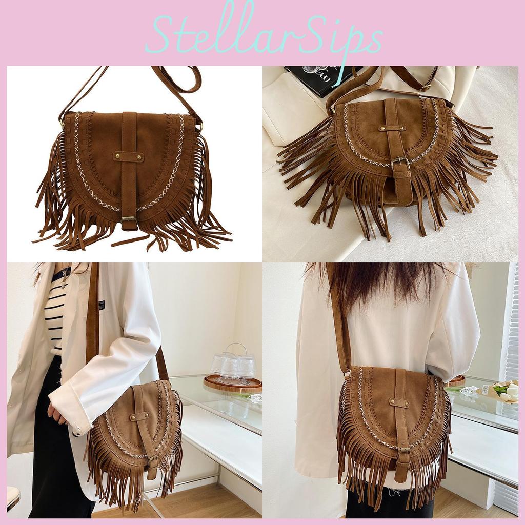 Suede Vintage Small Crossbody Bag With Tassel Details For Women Outings Casual