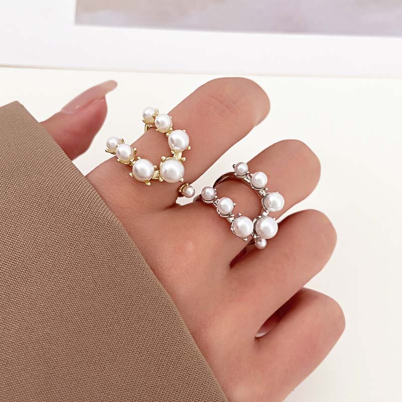 Vintage White Double Layer Pearl Rings for Women Exaggerate Big Geometric Crystal Adjustable Ring Wedding Jewelry Bijoux