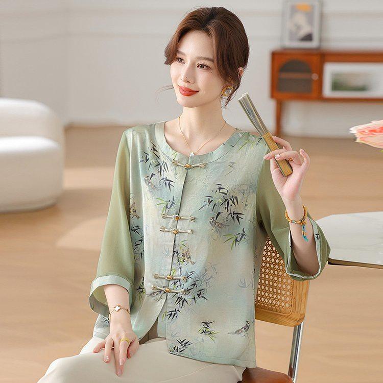 Mom's Chiffon Blouse - New Chinese Style Three-Quarter Sleeve Top for Middle-Aged & Elderly Women