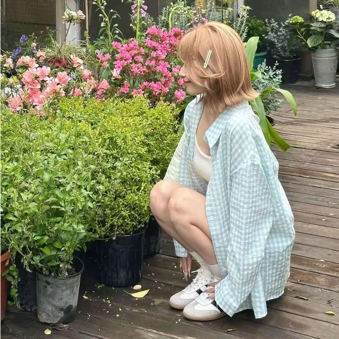 

Women s Summer Blue-Green Plaid Polo Collar Shirt - Lightweight Loose Fit Sunscreen Top XL (115-130 jin)