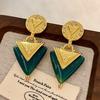 Elegant Dark Green Rhinestone Triangle Earrings with Gold Inlaid Geometric Design