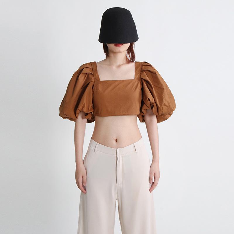 Spring 2025 Women's Square Neck Spliced Puff Sleeve Crop Top