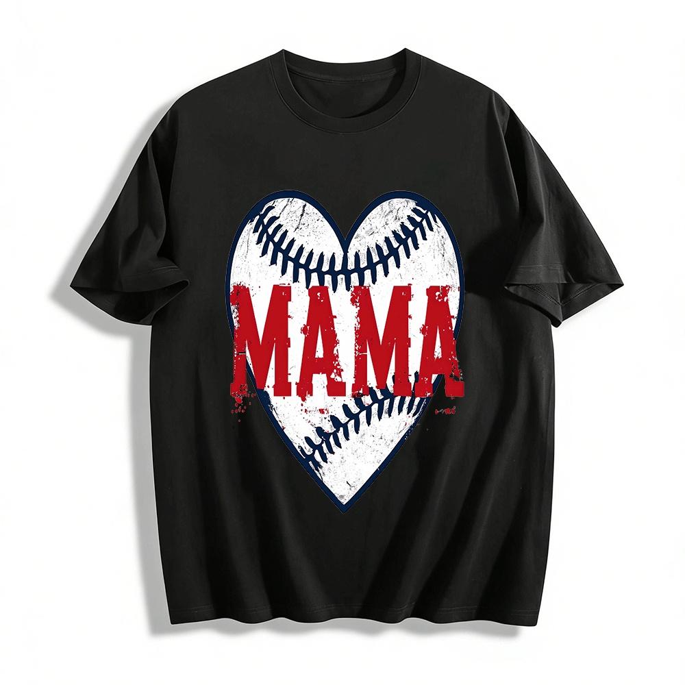 

Vintage Baseball Heart MAMA Print Casual Tee Baseball Mom Support Top Pure cotton T-shirt XXS