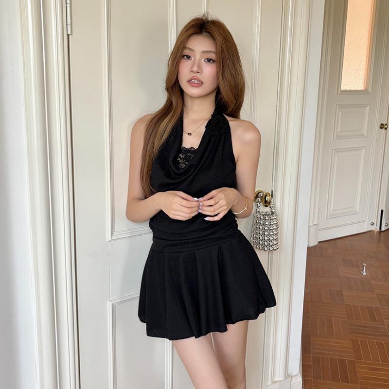 2026 Dark Elf Black Lace Halter Neck Sexy Two-Piece Dress - Women's Spring/Summer Collection
