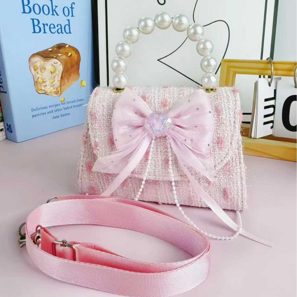 2025 Autumn Cute Girls' Crossbody Bag with Bow and Pearl Detail