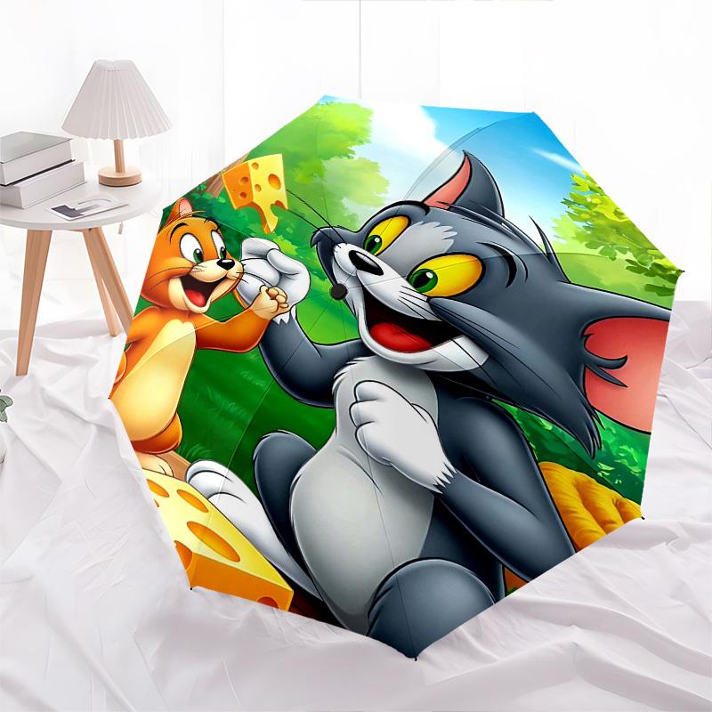 1pc Tom and Jerry Automatic Folding Umbrella - Compact 8-Rib Design, Durable Plastic & Iron1092L