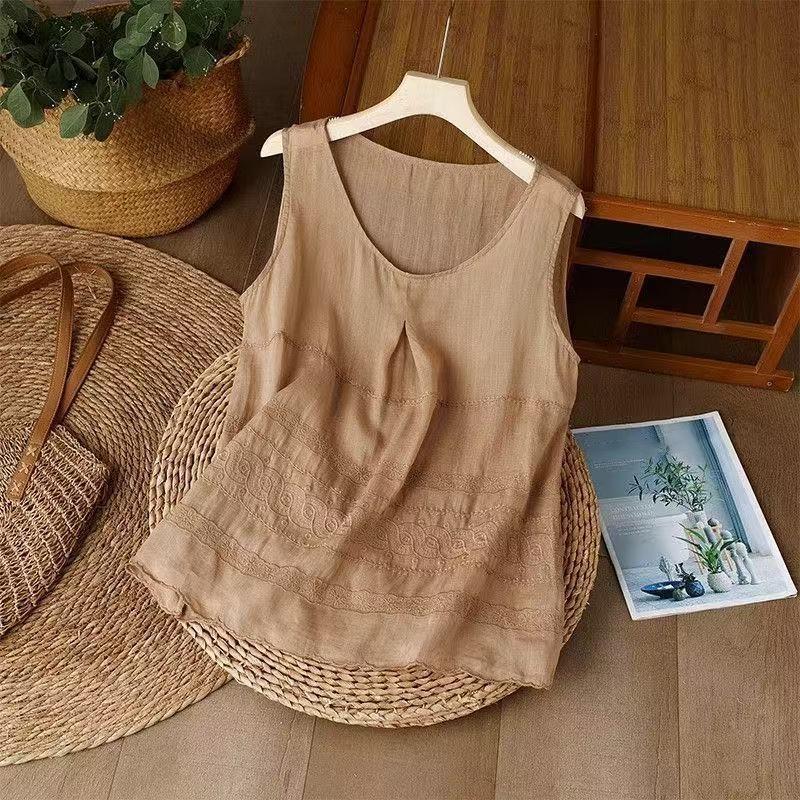 Women's Summer Elegant and Slimming Cotton-Linen Embroidered Sleeveless Tank Top—Perfect for Layering or Wearing On Its Own