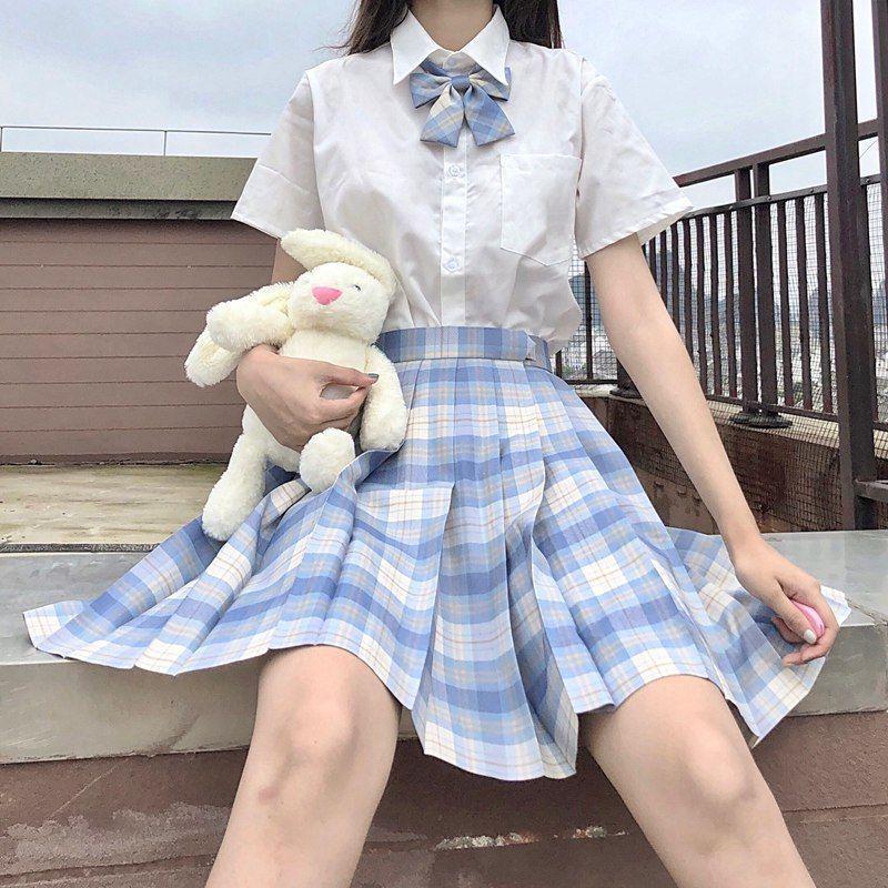 Lemon Sea Salt Plaid School Uniform: Short Sleeve Top & Midi Skirt Set