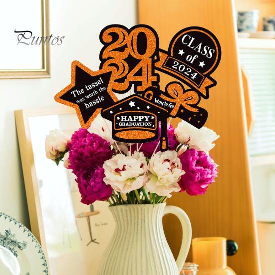 5Pcs/Set The Class of 2024 Glitter Graduation Centerpiece Sticks Set Table Vase Toppers Graduation Party Decor