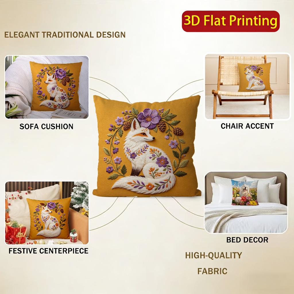 Embroidered Style Floral Fox Throw Pillow Covers Pattern Cushion Cover Suitable For Sofa Bedroom Car Pillow Cover