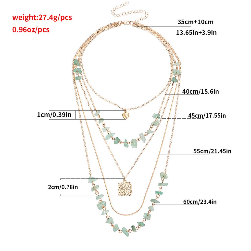 Retro Stacked Multi-layer Small Hole Chain Turquoise Square Mini Love Pendant Necklace Women