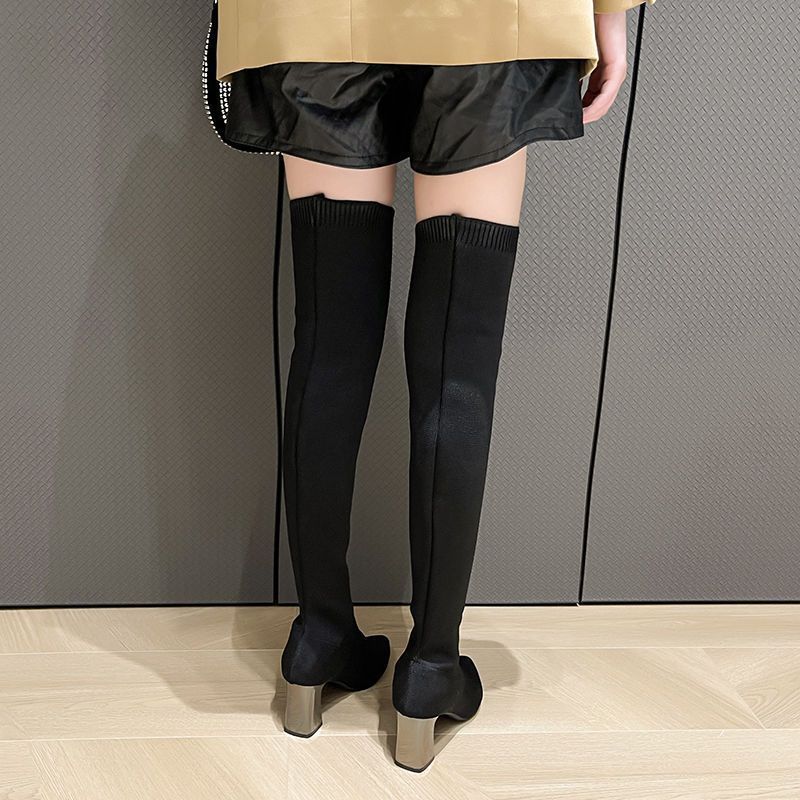 2025 Autumn and Winter New Korean Version of Fashion Versatile Elastic Boots Women's Pointed Thick Heel High Heel Elegant Knee Boots