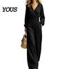 Women Two-piece Suit Women's Long Sleeve 2 Piece Sets, Irregular Hem V Neck Top Everyday Casual And Wide Leg Pants Matching Travel