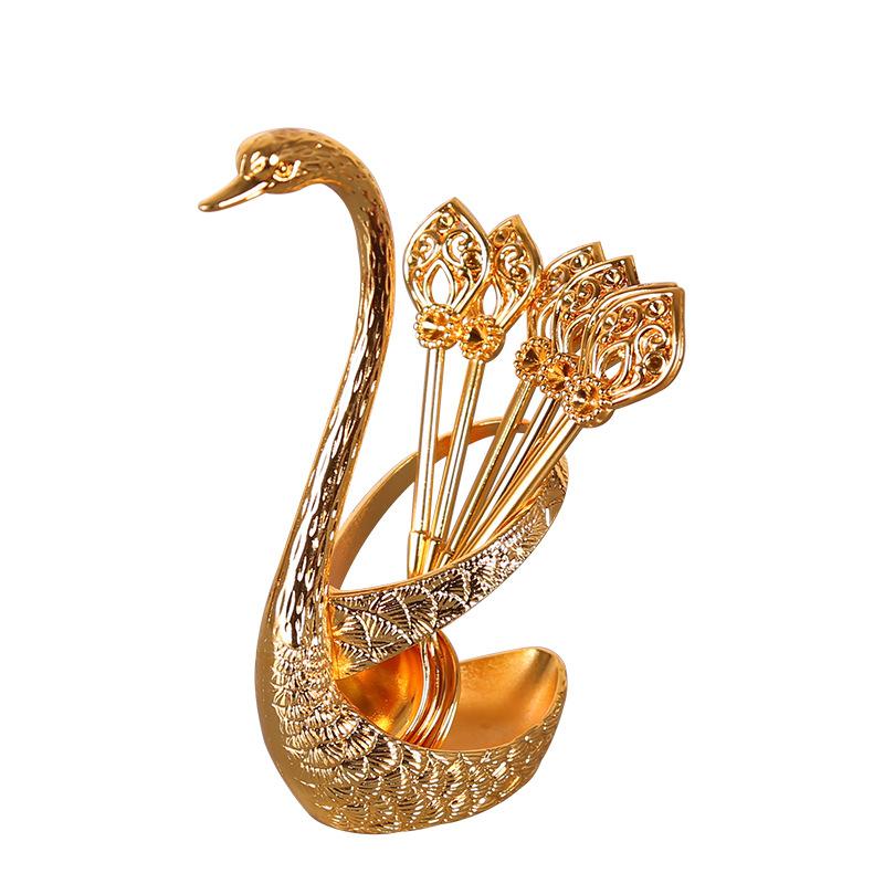 Elegant Swan Shaped Metal Spoon Set With Holder Decorative Dessert Coffee Spoons For Kitchen Dining Table Decor Gift