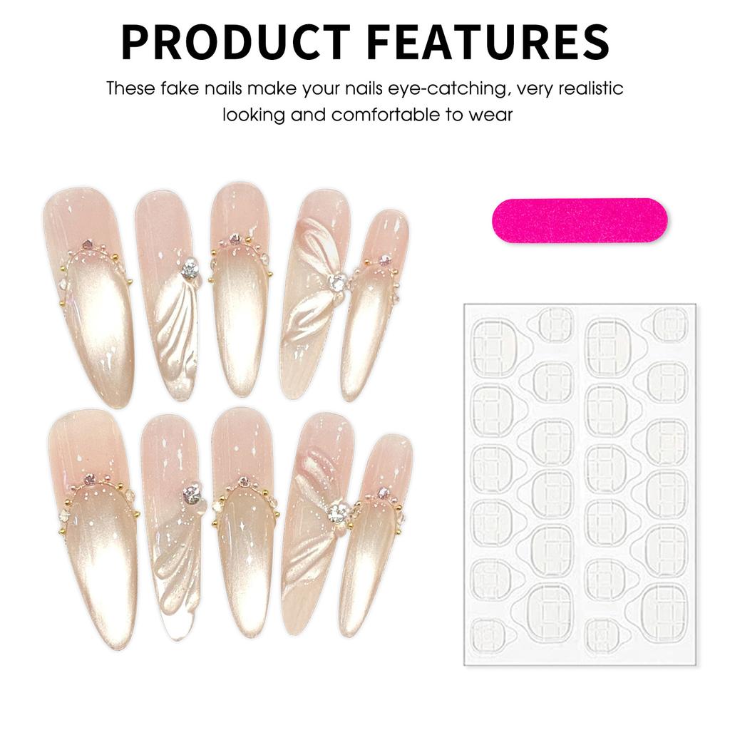 10Pcs Cat Eye Stiletto False Nails with Ribbon Design for Women