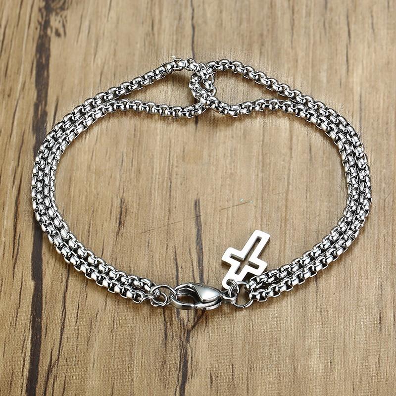 Vnox Retro Interlocked Double Box Chain Bracelets For Women Men Handmade Stainless Steel Cross Pulseira Accessories