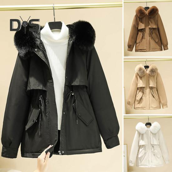Casaco de inverno feminino com capuz peludo, mangas compridas, acolchoado, cordão, bolsos na cintura, casaco de algodão, fecho de zíper, comprimento médio, cor sólida, à prova de vento, casaco quente