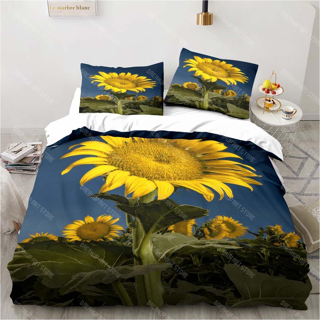 3D Sunflower Printing Set Bedding Floral Pattern Three-piece Set Living Room Bedroom Home Decoration Pillowcase Quilt Cover Gift