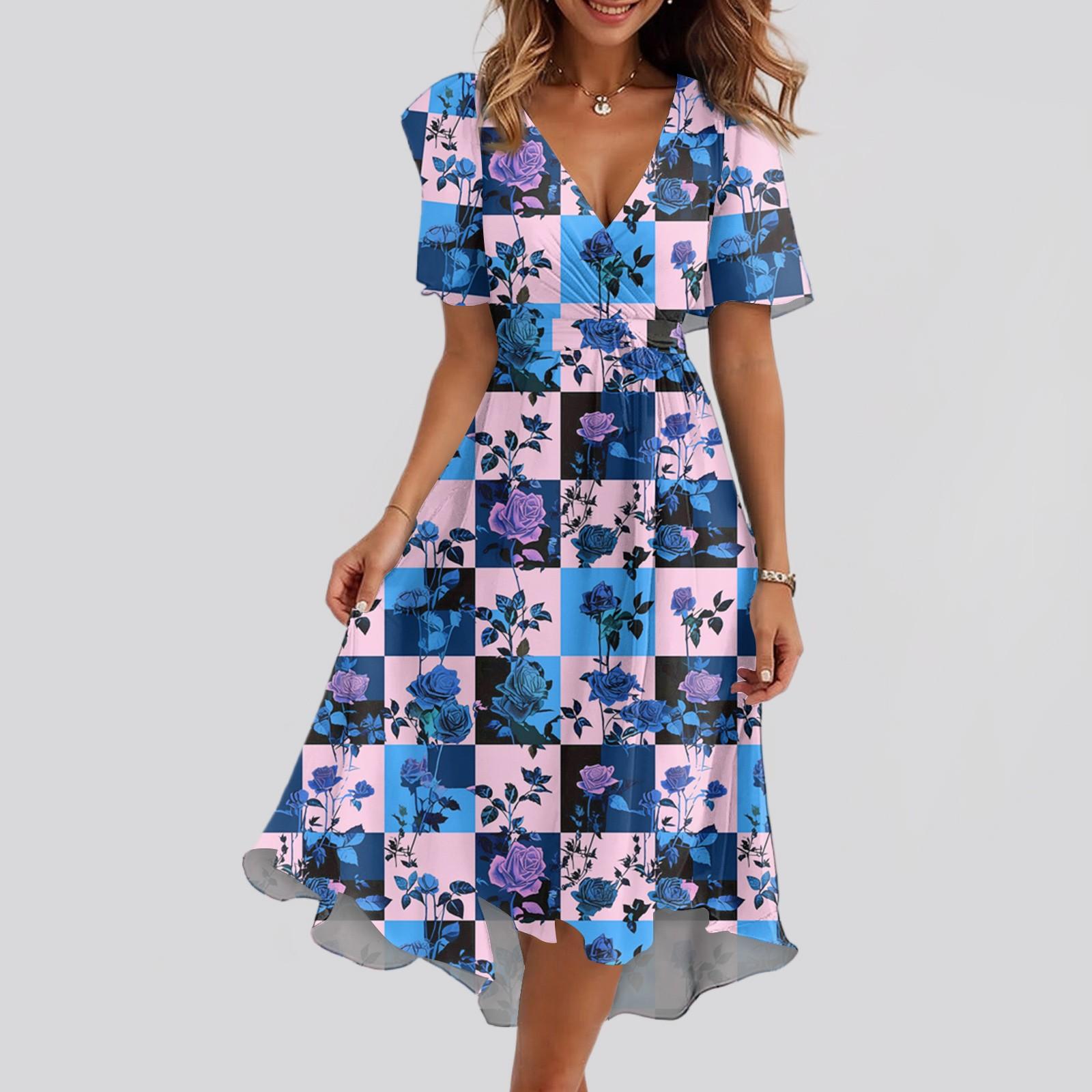 

Жіноча вільна повсякденна сукня з V-подібним вирізом, розкльошеною спідницею та короткими рукавами, з принтом M