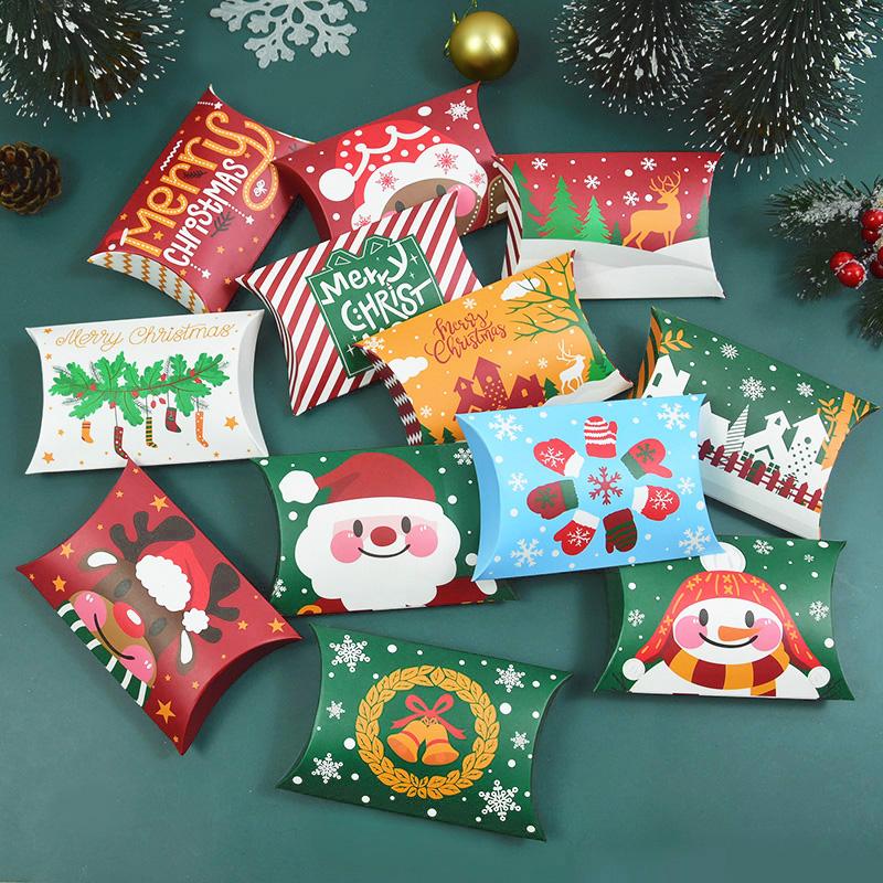 24/12pcs Christmas Pillow Shape Candy Box Merry Christmas Kraft Paper Gift Box Packging Kids Favors Happy New Year Navidad 2025