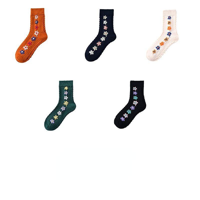 3/5pcs Spring Autumn Japanese Harajuku Woman Socks Cotton with Flowers Funny Socks Women Korean Style Kawaii Girls Calcetines Mujer