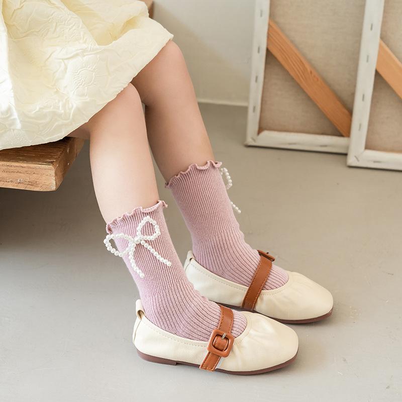Girls' Ruffled Cotton Socks with Pearls and Bows