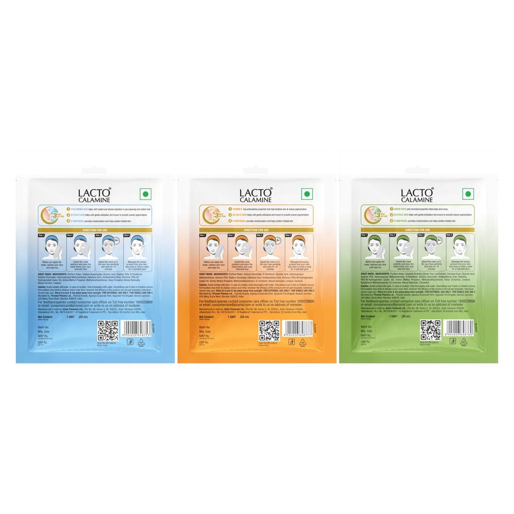 Lacto Calamine Face Sheet Mask Combo Pack of 6 | Vitamin C, Hyaluronic Acid & Green Tea | Brightening Hydrating Clarifying 25mx6