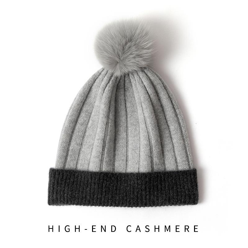 Cashmere Autumn and Winter New Style Women's High End Color Matching Fur Ball Thickened Warm Fashion Knitted Casual Hat