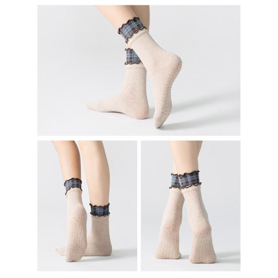 1 Pair Yoga Socks with Non-slip Gripper Double Ruffled Plaid Cuff Mid-calf Socks Women Ballet Dance Pilates Cotton Crew Socks