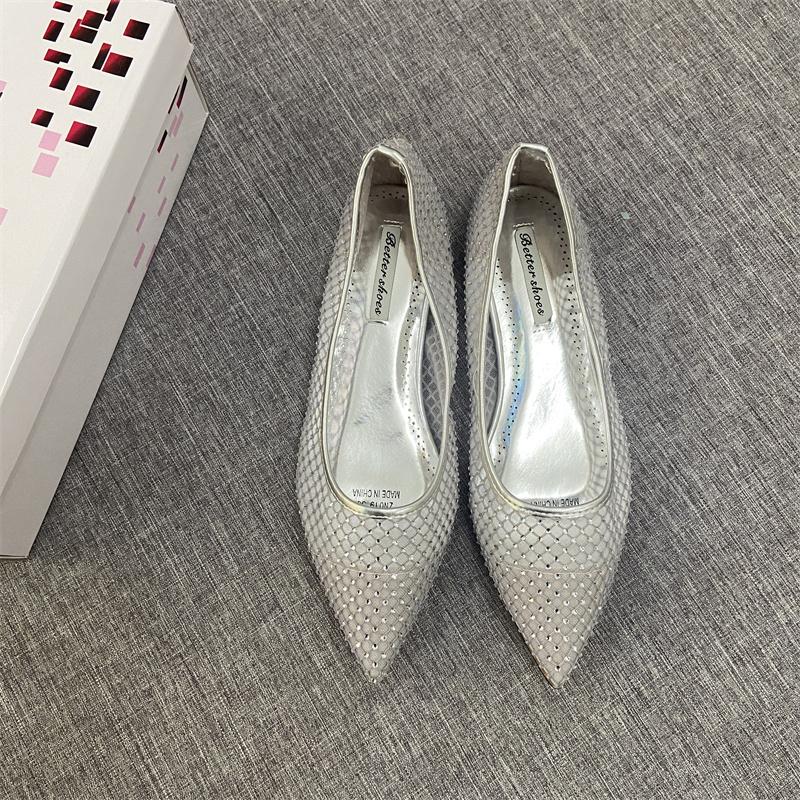 Fashion Flat Shoes for Women 2025 Spring and Autumn French New Sexy Mesh and Rhinestone Hollow Low Heel Shallow Mouth Women's Shoes