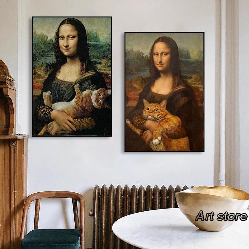Nordic Funny Mona Lisa with Cat Bubble Poster Prints Canvas Paintings Bar Hotel Decorative Painting Mural Living Room Decor