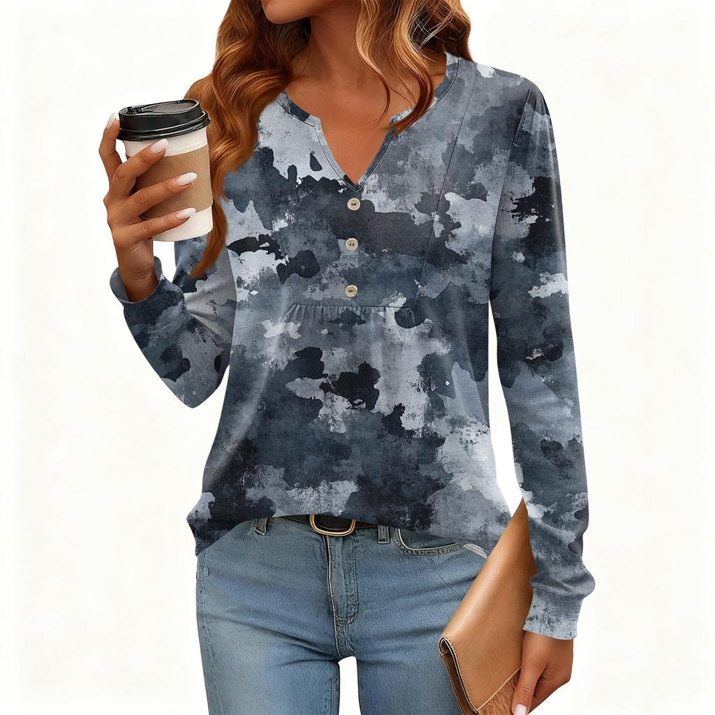 Γυναικείο Χαλαρό, V-λαιμόκοψη, Ρετρό Χρώμα, Μπλοκ με Φλοράλ Σχέδιο, Μακρυμάνικο Πουλόβερ T-shirt