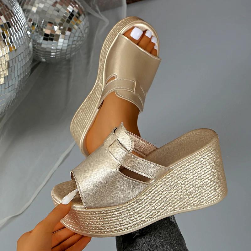 Women's Gold Platform Wedge Sandals Summer 2025 Thick Bottom Non Slip Beach Slippers Woman Fashion Peep Toe High Heel Sandalias