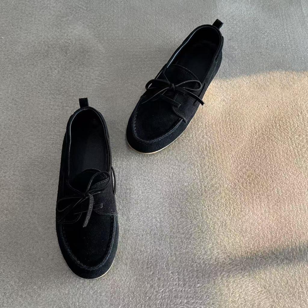 Sheepskin Version~ Genuine Leather Flat-bottomed Retro Lace-up Single Shoes Women's 2025 New One-pedal Lazy Loafers Small Leather Shoes