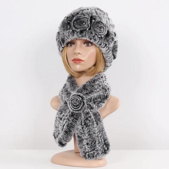 Hot Sale Lady Natural Fur Hats Scarves Sets Women Winter Knit Real Rex Rabbit Fur Hats Muffle 2 Pieces Real Fur Hat Scarf