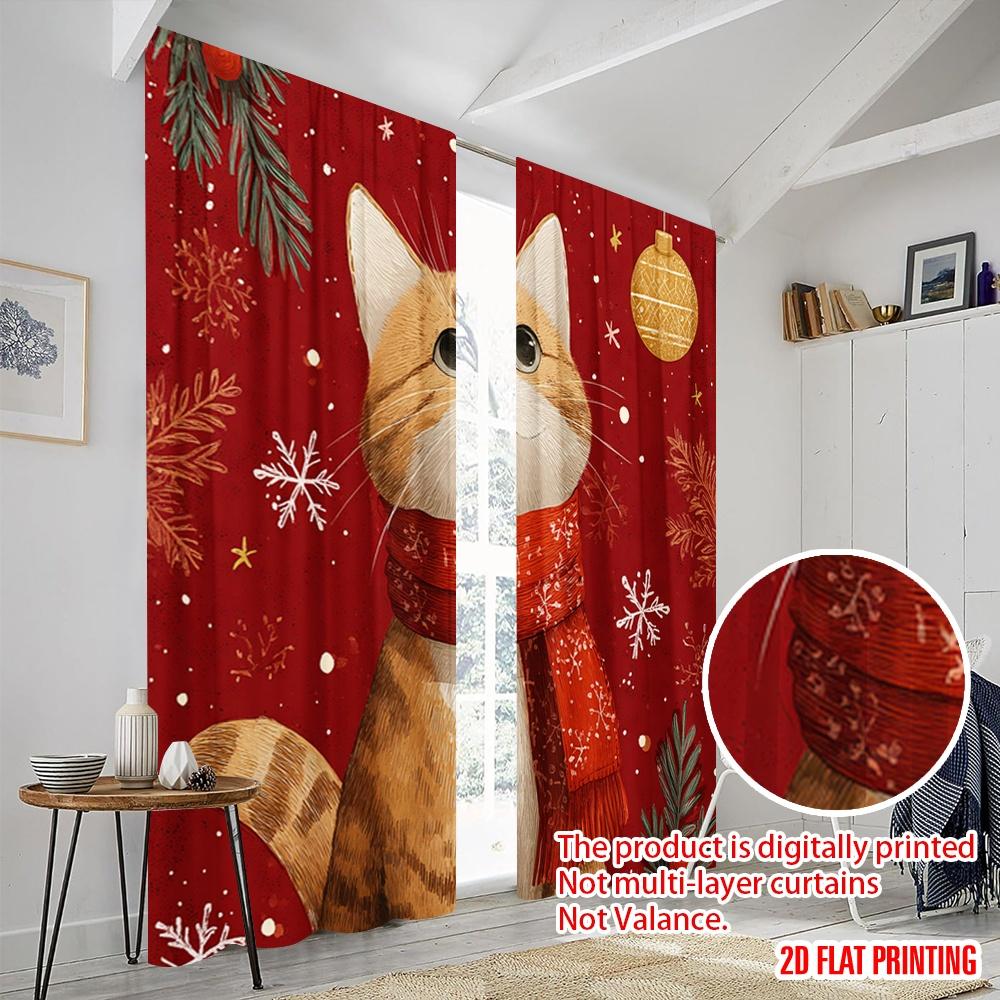 2pcs,2D Plane Printing Minimalist Curtains Snowflake Cat Versatile Polyester (without Rod) Gifts Use for Bedroom, Contemporary