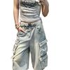 Unisex High Street Cargo Denim Shorts - Summer Loose Fit, Casual Three-Quarter Wide-Leg Pants.