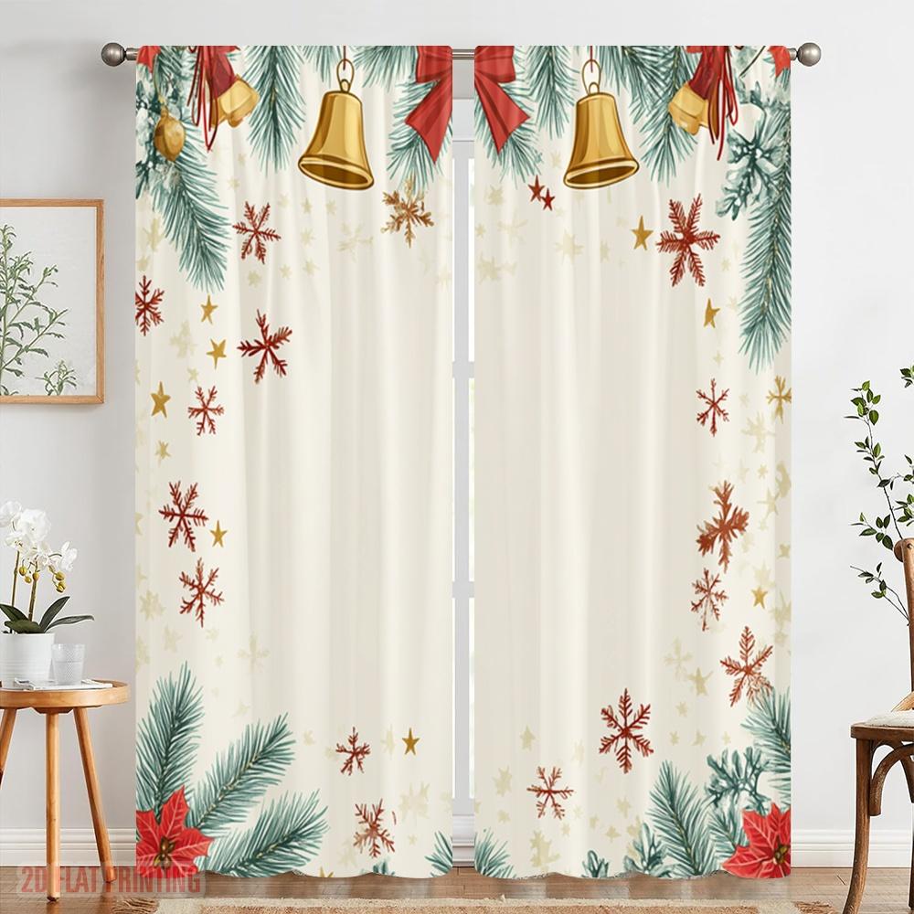2 szt., nadruk płaski 2D Zasłona Okienna Dzwonki Gwiazdy Ostrokrzew Wszechstronny Poliester (bez pręta) Dekoracje do użytku domowego dla