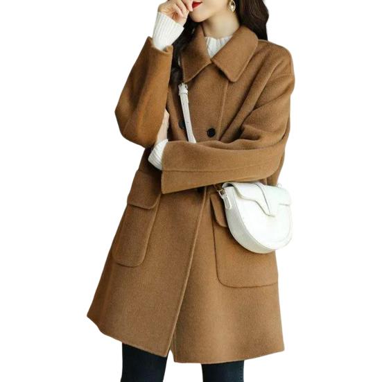 Damen-Mantel, einfarbig, mittellanger Reverskragen mit Knöpfen, locker sitzend, warm, Polyester, Winter, warm, Damen-Zweireiher-Mantel für Damen
