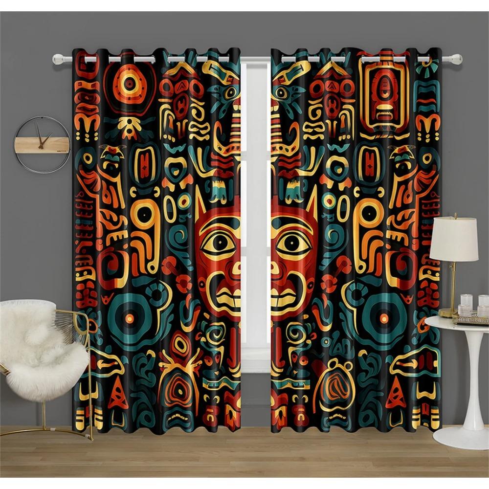 3D Aztec Pattern Decorative Curtains Masks Regional Style Print Curtains Bedroom Living Room Kitchen Decor 2 Pcs