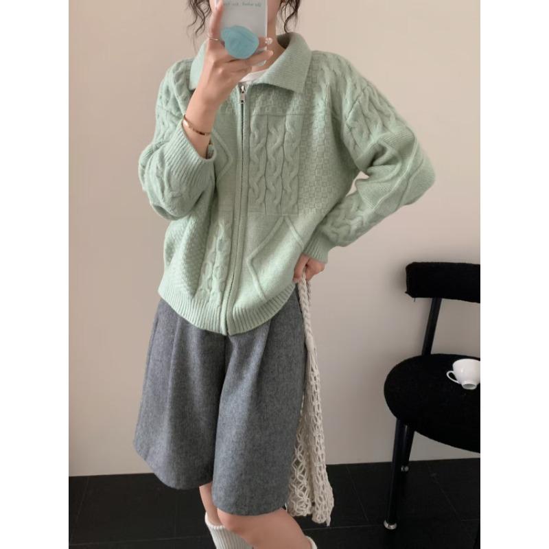 Vintage knitted cardigan women's clothing autumn and winter new loose lazy wind twist lapel zipper sweater jacket women