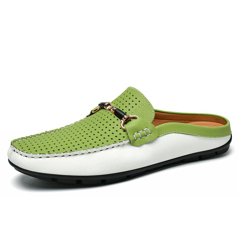 Fashion Men's Breathable Muller Shoes Hollow Out Genuine Leather Slip-On Walking Shoes Fashion Casual Flats Non-Slip Mens Slip on Shoes