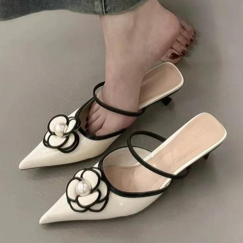 Fashion Designer Flower Women Heeled Slippers Bead Pointed Toe Mid Heels Shoes 2025 Fashion Shallow Pumps Party Summer Chaussures Ladies