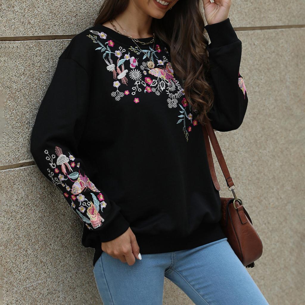Yousheng Women Sweatshirt Ethnic Style Floral Embroidery Round Neck Long Sleeve Top Contrast Color Spring Fall Top with Elastic Cuffs And Hem