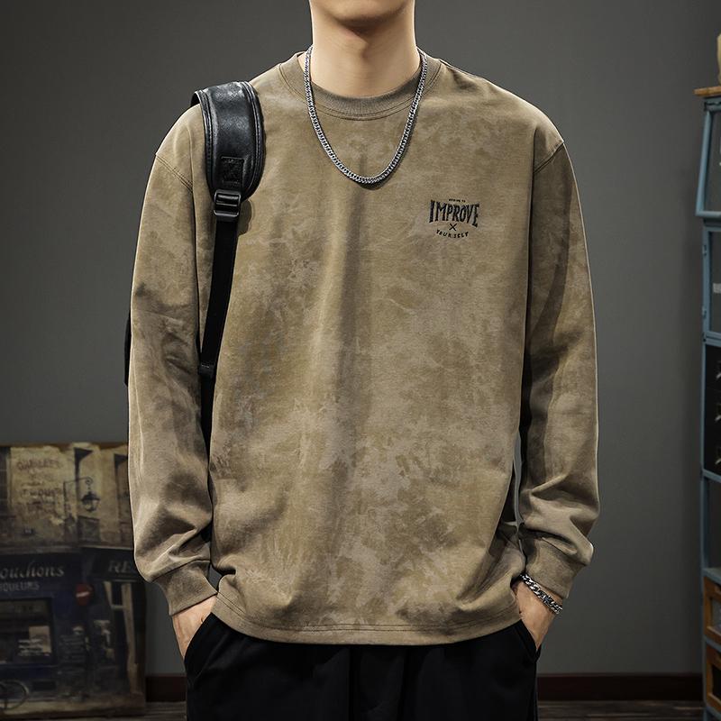 

Футболка с длинными рукавами в американском ретро-стиле с принтом тай-дай, мужская осенняя модная вышитая футболка с круглым вырезом, свободный тяжелый свитер 4XL темно-коричневого